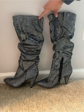 7.5 Black Sparkle Slouch Heeled Boots